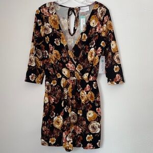 French Grey Floral Romper with Tie-Back in Black and Brown